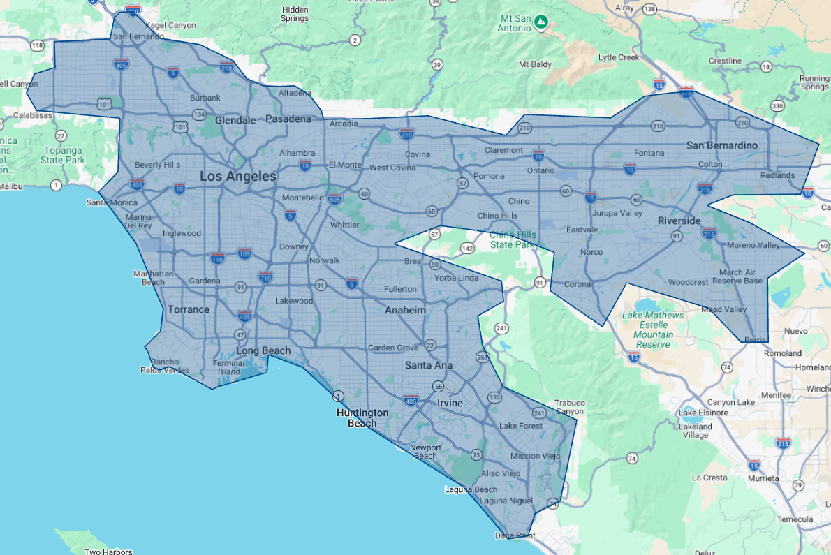 ADS Service Area Map covering Los Angeles, Orange County, Riverside, and San Bernardino